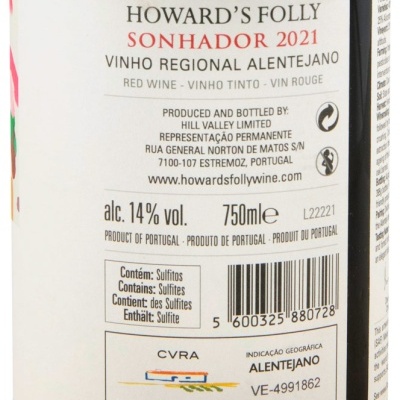 Etiqueta de vinho tinto Howards Folly Sonhador 2021 com informações de produção e composição