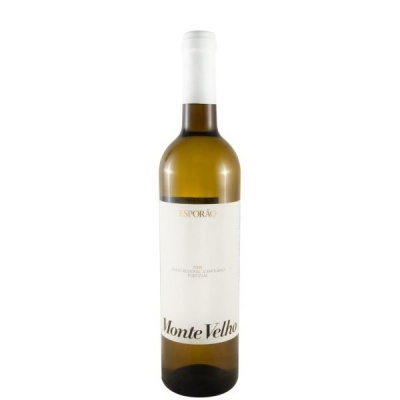 Garrafa de vinho branco Monte Velho da marca Esporão com rótulo branco