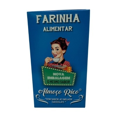Embalagem azul de farinha alimentar com design retro e textos promocionais