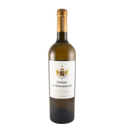 Garrafa de vinho branco Vinha dErvideira com rótulo branco e tampo dourado