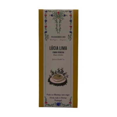 Caixa de chá LÚCIA LIMA Lemon Verbena com decoração floral e informação do produto