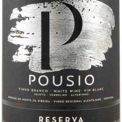 Etiqueta vinho branco Pousio Reserva preto e cinza texto branco