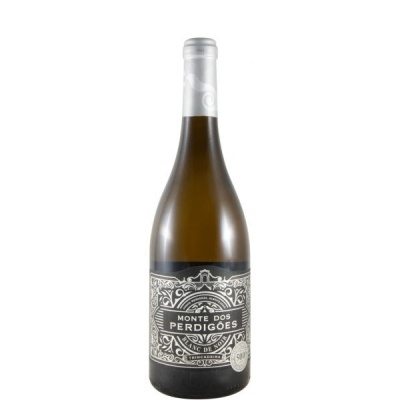 Garrafa de vinho branco Monte dos Perdigões com rótulo preto e branco e tampa prata