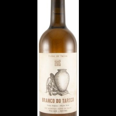 Garrafa de vinho branco com rótulo ilustrado e texto em português