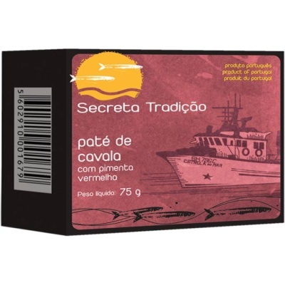 Embalagem de paté de cavala com pimenta vermelha com ilustração de barco e peixes