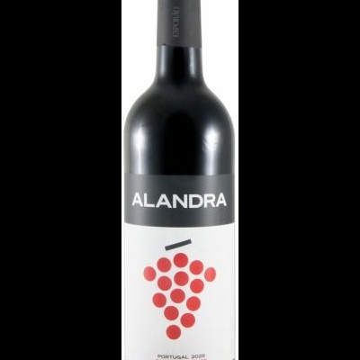 Garrafa de vinho tinto Alandra com rótulo branco e ilustração de uvas