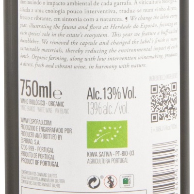 Rótulo de vinho Esporão Colheita 2024 com informações detalhadas e selo orgânico
