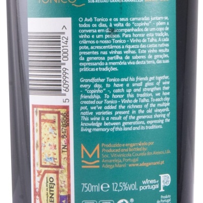 Rótulo verde de garrafa de vinho branco Marel Tonico 2021 com texto descritivo e código de barras