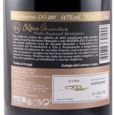 Rótulo traseiro vinho Reserva 2015 14,5% vol 750ml Altas Quintas Alentejo