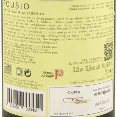 Etiqueta de vinho branco Pousio Antão Vaz & Alvarinho com textos e código de barras