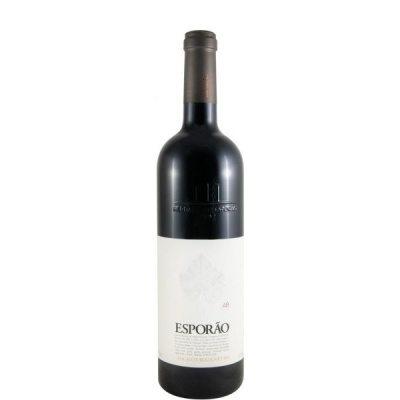 Garrafa de vinho tinto Esporão Alentejo 2019 com rótulo branco e tampa bronze