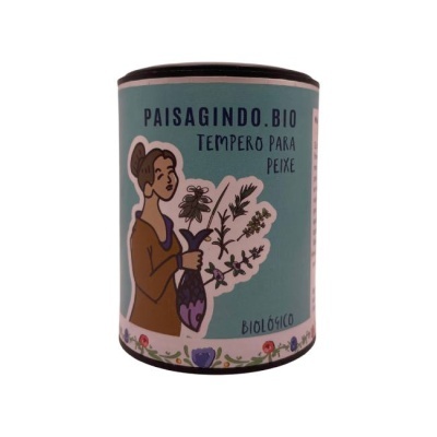 Embalagem de tempero para peixe em tubo azul com ilustração e texto