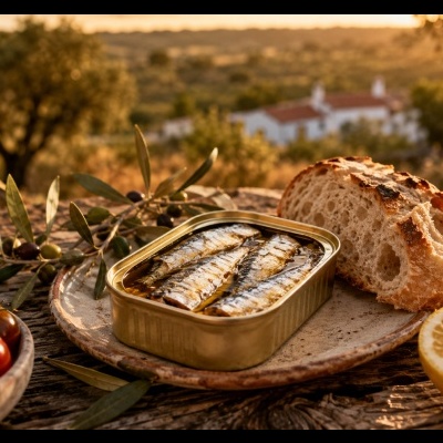 Lata de sardinhas com pão rústico e meio limão numa mesa de madeira ao ar livre