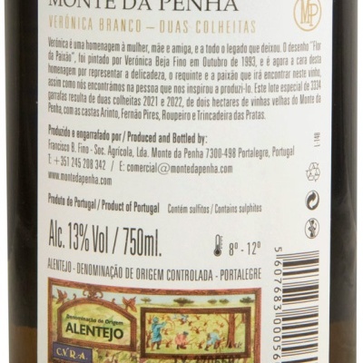 Etiqueta traseira de garrafa de vinho Monte da Penha Verónica Branco - Duas Colheitas
