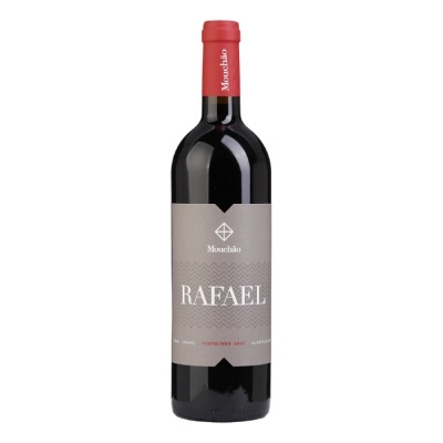 Garrafa de vinho tinto Rafael Mouchão com rótulo cinza e cápsula vermelha