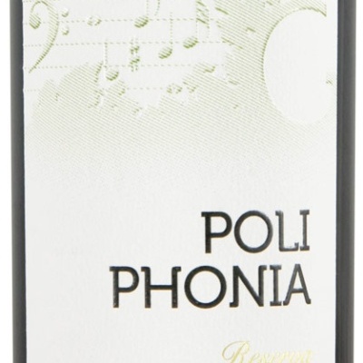 Etiqueta de vinho Poli Phonia Reserva com texto e desenho musical em relevo