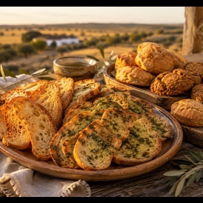 Pão torrado simples e com ervas numa tigela de madeira sobre mesa rústica com paisagem ao fundo