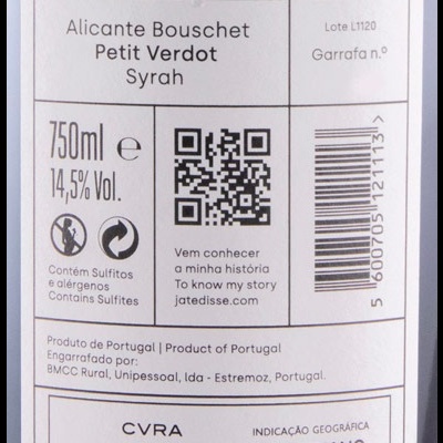 Etiqueta vinho tinto Regional Alentejano 2020 com texto e QR code