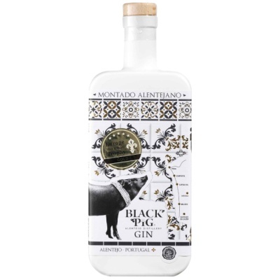 Frasco branco de Black Pig Gin com design decorativo e texto em português