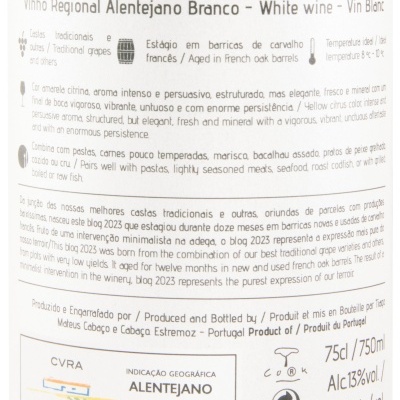 Etiqueta de vinho branco blog 2023 com texto e informações detalhadas