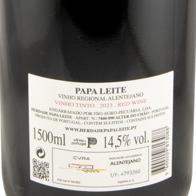 Rótulo de garrafa de vinho Papa Leite 2023 com informações em português e inglês