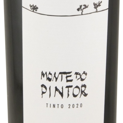 Garrafa de vinho tinto com rótulo branco e texto MONTE DO PINTOR TINTO 2020, VINHO REGIONAL ALENTEJANO 750 ml 15% vol.