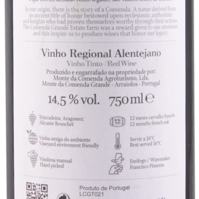Rótulo traseiro de garrafa de vinho tinto Comenda Grande 2021 com informações detalhadas