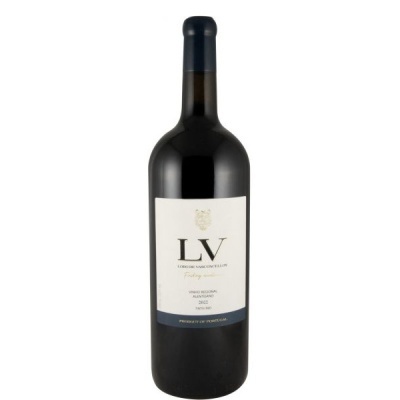Garrafa de vinho tinto LV Lobo de Vasconcellos com rótulo branco e azul