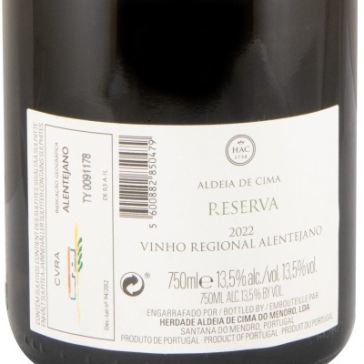 Rótulo de garrafa de vinho ALDEIA DE CIMA RESERVA 2022 com indicação Alentejano