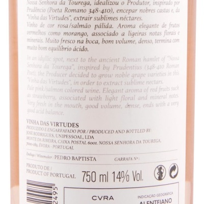 Rótulo traseiro de vinho rosé 2021 com informações sobre o produto em português e inglês.