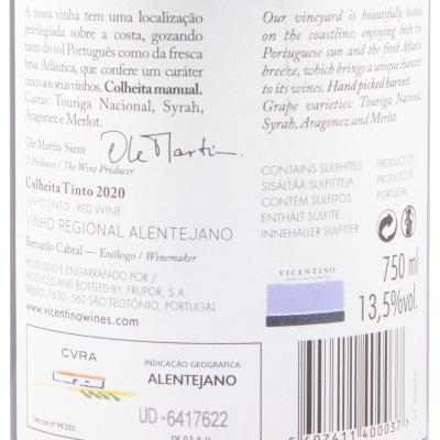 Etiqueta de vinho tinto Colheita Tinto 2020 Alentejano com informação sobre castas e teor alcoólico