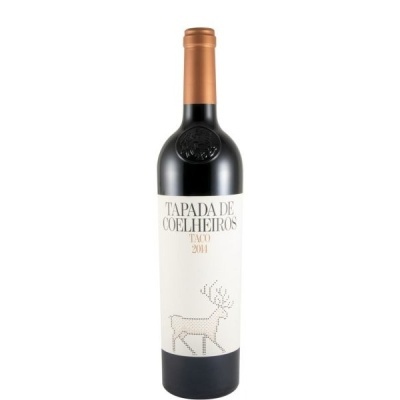 Garrafa de vinho Tapada de Coelheiros Taco 2014 com rótulo branco e imagem de veado