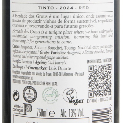 Rótulo de vinho tinto Herdade dos Grous 2024 com texto detalhado e QR code