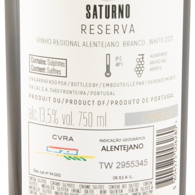 Rótulo de garrafa de vinho branco Saturno Reserva 2021, Alentejo, Portugal