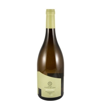 Garrafa de vinho branco com rótulo creme e texto em português.
