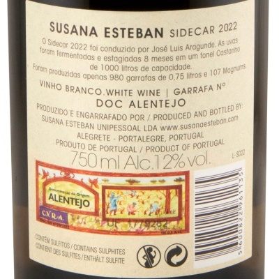 Etiqueta vinho branco Susana Esteban Sidecar 2022, Portugal, DOC Alentejo, 750 ml, 12% álcool, sulfites, código de barras, ilustração