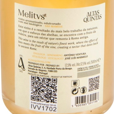 Etiqueta de vinho Melitys com texto e códigos em fundo amarelo