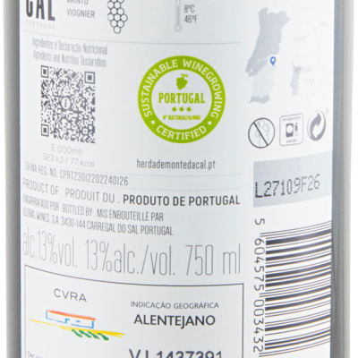 Etiqueta traseira de garrafa de vinho branco Monte da Cal com informações técnicas e selo de certificação
