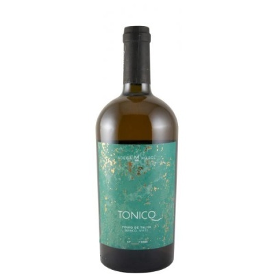 Garrafa de vinho branco com rótulo verde azulado e texto TONICO