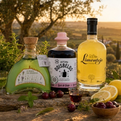 Três garrafas de licor O Poejo do Sharish, Dois Belos e Limontejo com limões e cerejas numa mesa ao ar livre.
