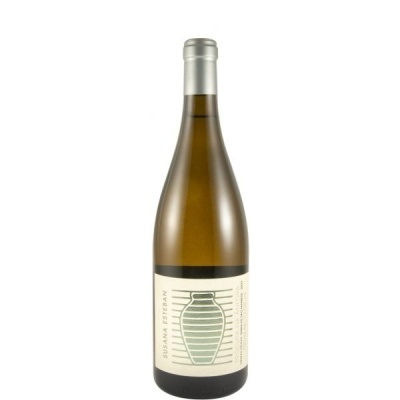 Garrafa de vinho com rótulo creme e ânfora verde