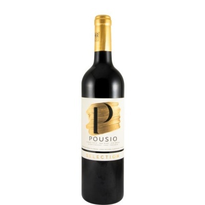 Garrafa de vinho tinto Pousio Selection com rótulo branco e dourado