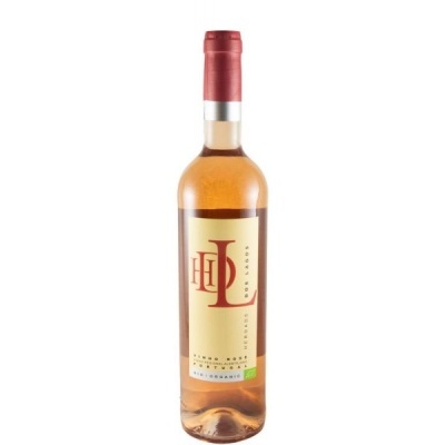 Garrafa de vinho rosé com rótulo creme e cápsula vermelha