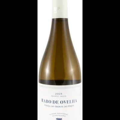 Garrafa de vinho Rabo de Ovelha com rótulo branco e texto azul.
