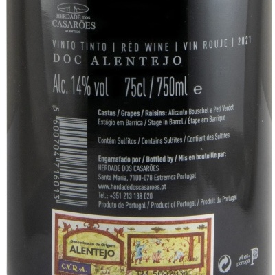 Rótulo frontal de garrafa vinho tinto Herdade dos Casarões Alentejo 750ml