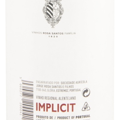 Rótulo de vinho tinto com texto IMPLICIT e informações de região e volume.