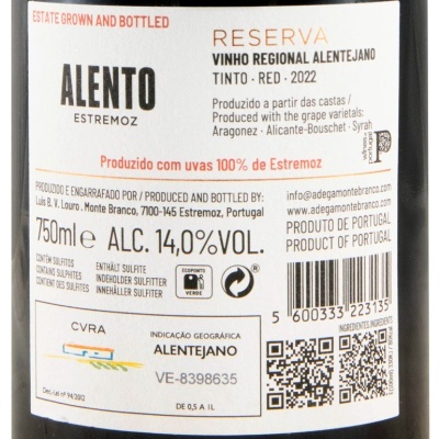 Etiqueta de vinho Alento Reserva Vinho Regional Alentejano Tinto 2022