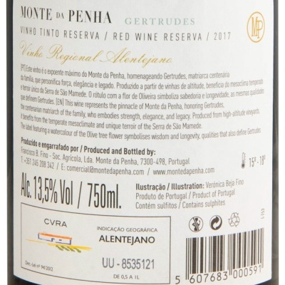 Etiqueta traseira de vinho tinto reserva Monte da Penha Gertrudes 2017, 750ml, 13,5% álcool, Alentejo, Portugal
