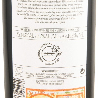 Etiqueta traseira de garrafa de vinho Tapada de Coelheiros 2021, Alentejo, Portugal.