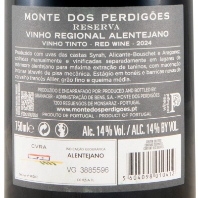 Etiqueta traseira de garrafa de vinho Monte Dos Perdigões Reserva Alentejano 2024
